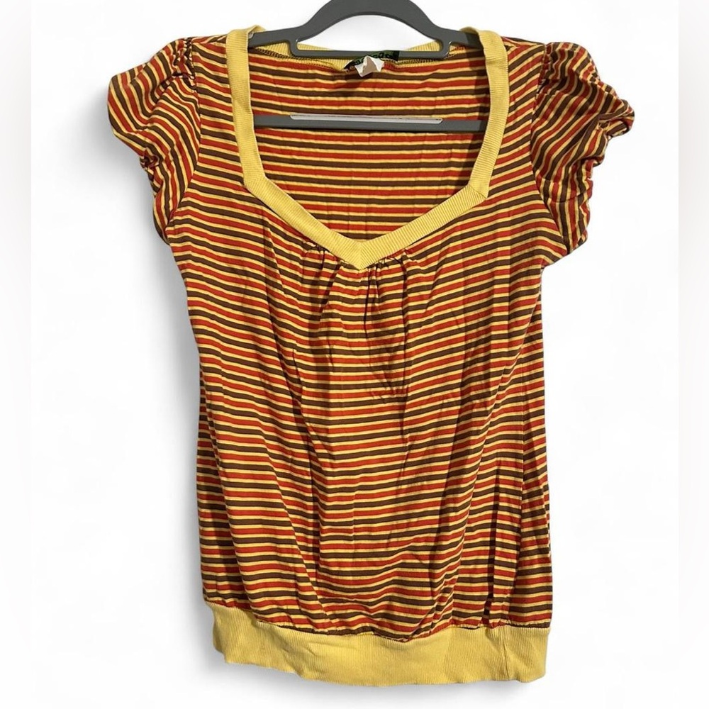 Sidecca Brown And Yellow Striped Short Puffy Sleeve Top y2k top